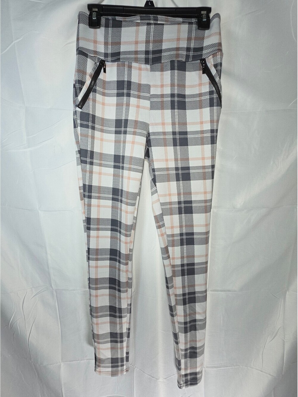 Shosho Women’s Plaid Ponte Pants Size M Gray White Blush Pull-On Ankle Pants